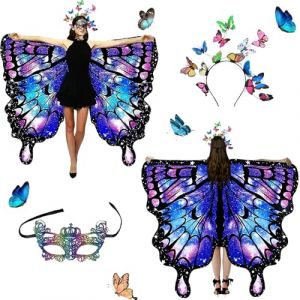 Shengou Ailes de Papillon Adulte,Double face Costume Papillon Adulte Femme,3 pi&egrave;ces Deguisement Papillon pour F&ecirc;te Cosplay Carnaval Mascarade de Mardi Gras Halloween Costume No&euml;l (Double face-67) (JINBEISHANGMAO, neuf)
