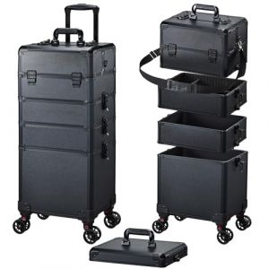 Valise Maquillage 5 en 1 Malette Maquillage Valise Onglerie Professionnel Malette Coiffure a Roulette Trolley Esthetique pour maquilleurs, coiffeurs, manucures, Noir (Bilinga, neuf)
