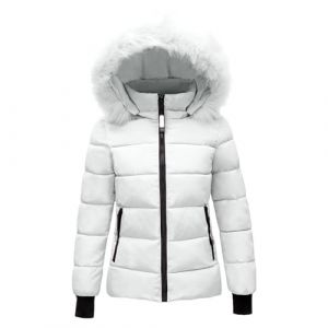 Doudoune pour femme avec capuche en fausse fourrure - Manteau d'hiver chaud avec poches - Fermeture &eacute;clair - Rembourr&eacute; - Pour l'ext&eacute;rieur, blanc, XS (YGERGWE, neuf)