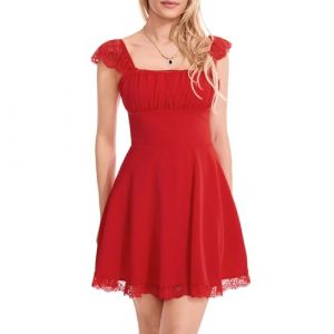Loalirando Robe Dentelle Femme D&eacute;collet&eacute;e sans Manches Col Carr&eacute; Robe Mini Courte Dos Nu A-Line Sexy Vintage (Rouge, S) (Biu-clothing, neuf)