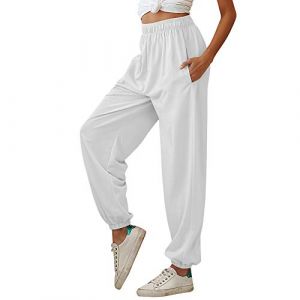 Nuofengkudu Femme Sarouel Jogging Pantalon Uni Ample avec Poches Elastique Taille Haute Baggy Fitness Tracksuit Bottoms Mode Classique Sport Harem Pants Danse Casual(Mince-Blanc,2XL) (better Life, neuf)