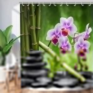 Hnmdmyi Rideau de Douche Zen Jardin 120x180, Spa Vert Bambou Noir Pierre Fleur Violette Rideau de Baignoire Japonais Méditation Relaxant Imperméable Polyester Tissu Lavable Rideau de Bain (Hnmdmyi, neuf)