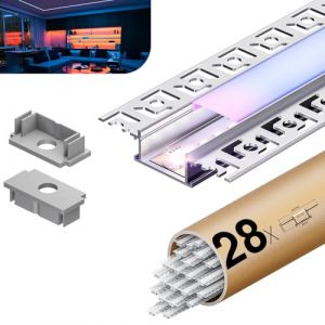KOSOOM 28 x Profilé LED Encastrable 2m – Profil Aluminium pour Ruban LED jusqu'à 20,2 mm – Diffuseur Opalin – Rail LED pour Plafond, Placo, Mur – Kit Complet Installation (KEXUN DIRECT, neuf)
