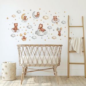 Tanlaby Stickers Muraux Ourson Nuages Autocollants Muraux Oursons Mignons Sticker Mural Ballons Etoiles Lune Pour Chambre De BéBé PéPinièRe D'Enfant Murale De Salle De Bain (JDD store, neuf)