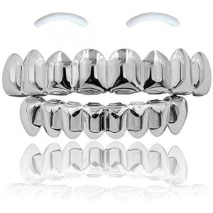 SSyang Grills Dentaires,Hip Hop Teeth Grills Faux Punk 18K Hip Hop Dents,Haut en Bas Diamant Strass Dents Grillz Halloween Festival Musique Party Hip Hop Rapper Costume Accessoire Décoration(Argent) (luou, neuf)