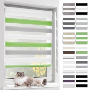 BelleMax Store Enrouleur Jour Nuit, Tissu Double, Rideau sans Perçage, Translucide Occultant et Protection Vie privée,pour Fenêtre et Porte,Vert-Gris-Blanc,80l x 140L cm (Ominia, neuf)