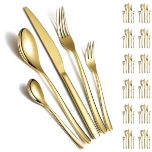 Berglander Ensemble de couverts en or 60pcs pour 12, couverts en acier inoxydable plaqué titane doré, couteaux pour la maison, le mariage, le restaurant, l’hôtel, le lave-vaisselle (Berglander Houseware, neuf)