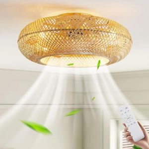 Ventilateur De Plafond Avec Éclairage Et Télécommande, Plafonnier Rétro Silencieux E27 En Bambou Avec Ventilateur,ventilateurs De Plafond À Moteur Réversible À 6 Vitesses Pour Salon,chambre À Coucher (MiiR-FR, neuf)
