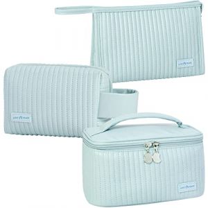 Linpr 3 Pi&egrave;ces Trousse Maquillage Femme, Grande Trousse de Toilette Voyage pour Fille, Trousse de Maquillage Ray&eacute;e en Cuir PU, Jolie Pochette de Maquillage pour Femmes et Filles (Bleu) (Linpr, neuf)