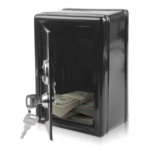 Tirelire coffre-fort mini en m&eacute;tal, tirelire &agrave; 2 cl&eacute;s H: 18 cm x L: 12 cm x l: 9,5 cm, bo&icirc;te d&rsquo;&eacute;pargne pour monnaies, noir (SwiftCart Azalaya, neuf)