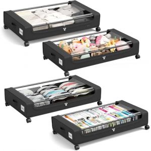 PHINOX Bo&icirc;te de rangement sous lit avec roulettes, 4 pi&egrave;ces (74x42x16 cm) - Noir Bo&icirc;te de rangement avec couvercle transparent en tissu et m&eacute;tal pour v&ecirc;tements, chaussures, jouets (jingchenzhimei, neuf)