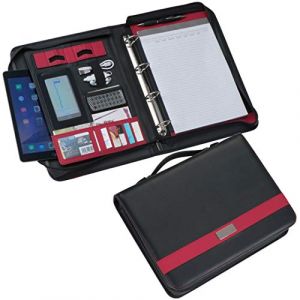 B&uuml;roaccessoires Classeur &agrave; anneaux A4 noir/rouge en cuir reconstitu&eacute; avec fermeture &eacute;clair, support pour stylo, bloc-notes, tablette et t&eacute;l&eacute;phone portable, poches, poign&eacute;e de transport (notrash2003, neuf)