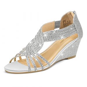 PIZZ ANNU Sandales Femme Été Compensées à Plateforme Escarpins Strass Sandale à Talon Compensé Mode Confort pour Soirée Mariage Chaussure Argent EU 41 (PIZZ ANNU-EU, neuf)