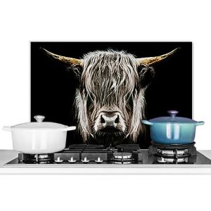 KitchenYeah&copy; Anti &Eacute;claboussure Cuisine 70x50 cm Aluminium Plaque Anti Chaleur Cr&eacute;dence sur Mesure Protection Mur Credence+Cuisine Highlander &eacute;cossais - Or - Cornes - Noir et Blanc - Vache - Animaux (KitchenYeah, neuf)