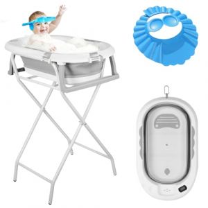 OHMG Baignoire bebe avec Support 85cm，Baignoire Pliable B&eacute;b&eacute; sur Pied，S&eacute;curis&eacute;e et Confortable Bassine Pliable Bebe avec Thermom&egrave;tre et Coussin de bain，Baignoire b&eacute;b&eacute; pliante (jusiZL, neuf)