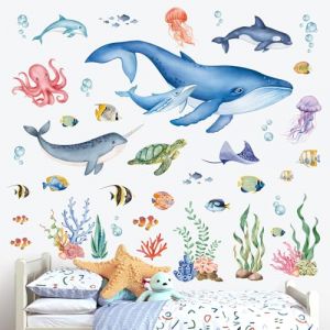 wondever Stickers Muraux Sous La Mer Poissons Autocollants Muraux Mural Stickers Océan Baleine Algues Tortue Marine pour Salle de Bain Chambre Enfants Bébé Pépinière (Wondever EU, neuf)