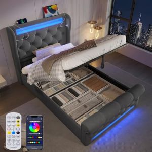 Sommier LED et USB C lit 90x200 avec Rangement, T&ecirc;te de Lit, Lit Simple 1 Personne, Rembourr&eacute; 90x200 (ZEYNEP OZTURK LIMITED, neuf)