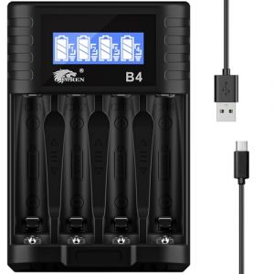 IMREN AA AAA Chargeur de Piles, 4 Slots pour 1.5V Li-ION 1.2V NiMH/NiCD AA AAA Piles Rechargeables, 5V/2A Charge Rapide avec LCD Display (USB-C Port) (IMREN Direct, neuf)