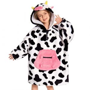 OLAOLA Sweat &agrave; Capuche Couverture Surdimensionn&eacute;e Vache pour Enfants, Pull Plaid &agrave; Capuche en Polaire Sherpa avec Manches et Poches, Sweat Plaid Doux et Chaud pour Filles Gar&ccedil;ons (pitgeem, neuf)