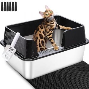 Vealind Bac &agrave; liti&egrave;re en acier inoxydable pour chat Bac &agrave; liti&egrave;re m&eacute;tallique pour chat robuste, bac &agrave; liti&egrave;re &agrave; c&ocirc;t&eacute;s hauts avec rebord d&eacute;tachable et cl&ocirc;ture Bac &agrave; liti&egrave;re grand et durable pour chat (Starmd co Ltd, neuf)