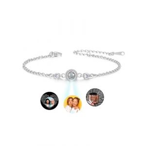 Jovivi Bracelet de Projection Photo Personnalis&eacute; pour Femme avec Image Rond &agrave; l'Int&eacute;rieur, Pendentif Cercl&eacute; le Ziron Acier Inoxydable Cadeau pour Maman Anniversaire Valentine (Argent) (kaenmis, neuf)