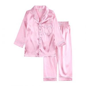 Ensemble de pyjama deux pièces pour enfant en bas âge bébé fille garçon chemise boutonnée en satin haut à manches longues avec pantalon vêtements de nuit d'automne nuisette rose 110 3-4 ans (kuersi eu, neuf)