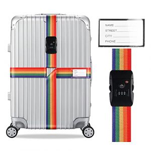 Veki Ensemble de Sangle de Bagage Croisées Approuvées TSA avec Verrou Ceintures de Valise de Voyage Réglables avec Carte d'identification et Sangles de Rangement pour Valises (Coloré, 1 pièce) (Rainbow185, neuf)