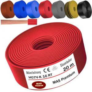 MAS Premium Câble conducteur H07 V-K 16 mm² de 5 à 100 m - Noir, marron, bleu foncé, jaune vert, gris, bleu clair ou rouge - Fil unique flexible (rouge, 20 m) (MAS-Premium, neuf)