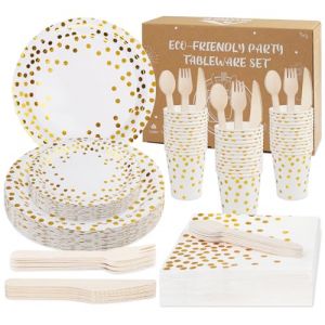 Anstore 200 Assiettes en Carton Blanc Or Party Vaisselle R&eacute;utilisables,Plateaux en Carton pour 25 Invit&eacute;s avec Assiette Cuill&egrave;re Fourchette Couteau Gobelet Serviettes Papier pour Anniversaire,Mariage (JieSD Shop, neuf)