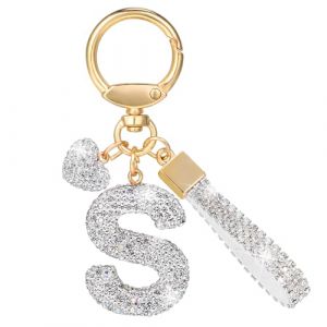 MWOOT Paillettes Porte Clé Lettre avec Strass, Argenté Initial Porte Clé Keychain, Porte Clef Lettre Sac Keyring Pendentif Décoratif, Brillant Porte Clef Voiture Charm, Porte Clé Cadeau pour Femme(S) (vetpw, neuf)