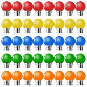 MZYOYO Lot de 40 Ampoule LED Couleur B22 Baïonnette,Ampoule Guirlande Exterieure,Ampoules B22 LED 1W G45,Multi Colore,Équivalent 5W,Rouge Jaune Bleu Vert Orange,Pour Chaîne,Noël,Veilleuses De Fête (MZYOYO, neuf)