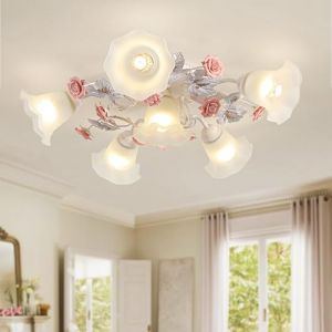 meibeileil Luminaire Plafonnier Fleur Vintage,Plafonnier Avec Abat-Jour En Verre Et Roses En CéRamique Rose,Nordique MéTal Plafonnier Led E27 Pour Chambre Salon Cuisine Couloir,5 + 1 Heads (XSRK, neuf)