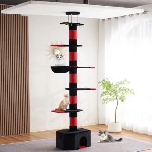 Mekidulu Arbre à Chat du Sol au Plafond – Hauteur réglable (240-250 cm, 265-275 cm), Largeur 11 cm, griffoir, Enveloppé de Velours Noir et de Corde en sisal Rouge, Arbre à Chat Gothique. (warmeng, neuf)