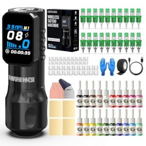 Wormhole machine a tatouer, machine tatouage sans fil, machine a tatouer kit complet avec 20 encre tatouage et 20 aiguille tatouage, stylo tatouage affichage num&eacute;rique LED pour artrist (Itatootube, neuf)