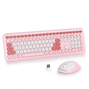 SOLIDEE Ensemble clavier et souris sans fil color&eacute;, machine &agrave; &eacute;crire r&eacute;tro 2,4 GHz avec pav&eacute; num&eacute;rique, membrane silencieuse, touches rondes (disposition am&eacute;ricaine QWERTY) (Pro Rose) (CDTech Inc, neuf)