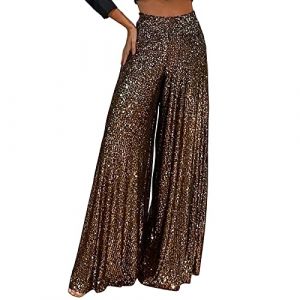 Duohropke Pantalon &agrave; paillettes pour femme, jambe large, taille haute, avec paillettes, &eacute;l&eacute;gant, style ann&eacute;es 70, pantalon stretch pour club, f&ecirc;te, danse, 01 - Marron., XXL (PANGCON, neuf)