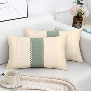 Housse de Coussin 30x50 Vert Sauge Decoration Maison Salon, Lot de 2 Housse Coussin en Coton Avec Dentelle en Lin au Crochet, Taie D'oreiller Rectangulaire Style Boho Decoratif pour Canap&eacute; Deco (Qiou EU, neuf)