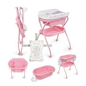 MS BabyWorld Bubble + R&eacute;ducteur &ndash; Baignoire ergonomique pour b&eacute;b&eacute; avec pieds et matelas &agrave; langer imperm&eacute;able et rembourr&eacute; | Fermeture compacte, organiseur, 4 roulettes avec freins (Rose/Blanc) (SLEEP & PLAY, neuf)