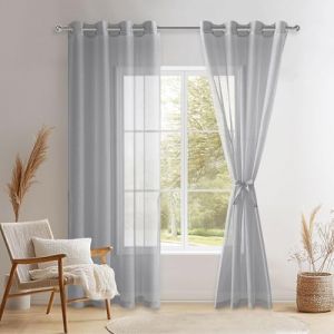 DWCN Lot de 2 Rideaux Voilages à Oeillets pour Fenêtre, Rideau Transparents avec Embrasses pour Salon Chambre d'enfant, Gris, 140x215cm (Largeur x Hauteur) (DWCN EU, neuf)