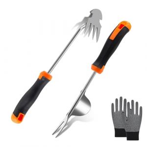 2 Pièce Désherbeur Manuel en Acier Inoxydable,Arrache Pissenlit,Arrache Mauvaise Herbe,Extracteur Mauvaises Herbes,Outil désherbage Manuel pour Creuser Désherber Ameublir,avec Gants Antidérapants (Jiahuade, neuf)