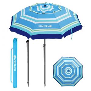 HOMEDEMO Parasol Plage Inclinable avec Revêtement Argenté, Protection Solaire UV50+, avec Pied d'Ancrage à Visser & Housse de Protection, pour Piscine, 180cm, Rayures Bleues Vertes et Blanches (Uniquy, neuf)