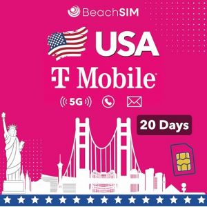 BeachSIM Carte SIM prépayée USA 20 Jours. Données 5G, appels et SMS illimités.Réseau T-Mobile. Compatible avec iOS et Android. (BeachSIM, neuf)