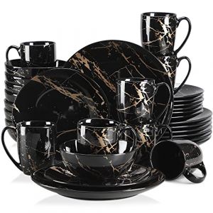 LOVECASA, Série Sweet. 32pcs Service de Table Complet Moderne en Porcelaine pour 8 Personnes 8 Assiette À Dessert,8 Assiette À Dîner,8 Tasse,8 Bol à Motif Plaqué Or (LOVECASA Modern Flatware, neuf)