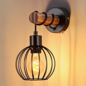 ZMH Applique murale salon vintage bois : applique avec interrupteur éclairage mural noir au design industriel E27 spot mural en métal lampe de chevet rétro pour chambre couloir café - sans ampoule (dreistein, neuf)