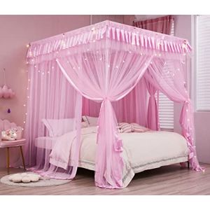 Mengersi Rideaux &agrave; baldaquin &agrave; 4 Coins pour Filles &ndash; Royal Luxueux et Confortable &ndash; Cadre de lit pour Enfants et Adultes &ndash; D&eacute;coration de Chambre &agrave; Coucher Princesse Mignonne (Rose) (Fast Media Ships From USA, neuf)