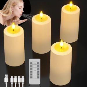 SoulBay Lot de 4 bougies LED rechargeables - Bougies piliers LED rechargeables USB-C - Bougies &eacute;lectriques avec fonction minuterie et t&eacute;l&eacute;commande - Pour f&ecirc;te, chambre, Halloween, d&eacute;coration de No&euml;l (SoulBay-EU, neuf)