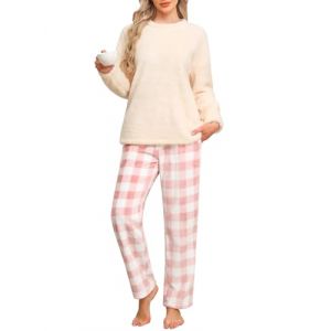 UMIPUBO Pyjama Femme Hiver Polaire Ensemble de Pyjama Pilou Chaud et Doux V&ecirc;tements de Nuit Flanelle 2 Pi&egrave;ces Combinaison Manche Longues Wear Pijamas Sleepwear avec Poches Cadeau (Beige+Rose, XL) (Bukely, neuf)