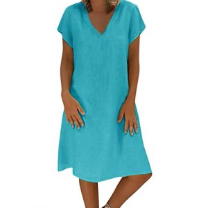 Robe d'été en lin pour femme - Robe midi décontractée à manches courtes - Robe en coton - Col en V - Robe tunique grande taille - Robe d'été trapèze - Robe de plage quotidienne, Bleu 02, XL (iNSe 51%, neuf)