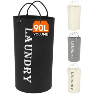 Lifewit Panier a Linge Pliable, Corbeille Linge avec Poign&eacute;e Robuste, Grand Sac Linge Sale Faciles &agrave; Transporter, Bac Linge pour Chambre, Salle de Bain, 90 L, Noir (Texte Blanc) (Lifewit Home FR, neuf)