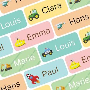 Etiquettes autocollantes personnalisées (70 pièces) pour école et fourniture scolaire - Étiquettes crayon stylo rentrée maternelle enfant imperméable (Transport) (Wraplab, neuf)